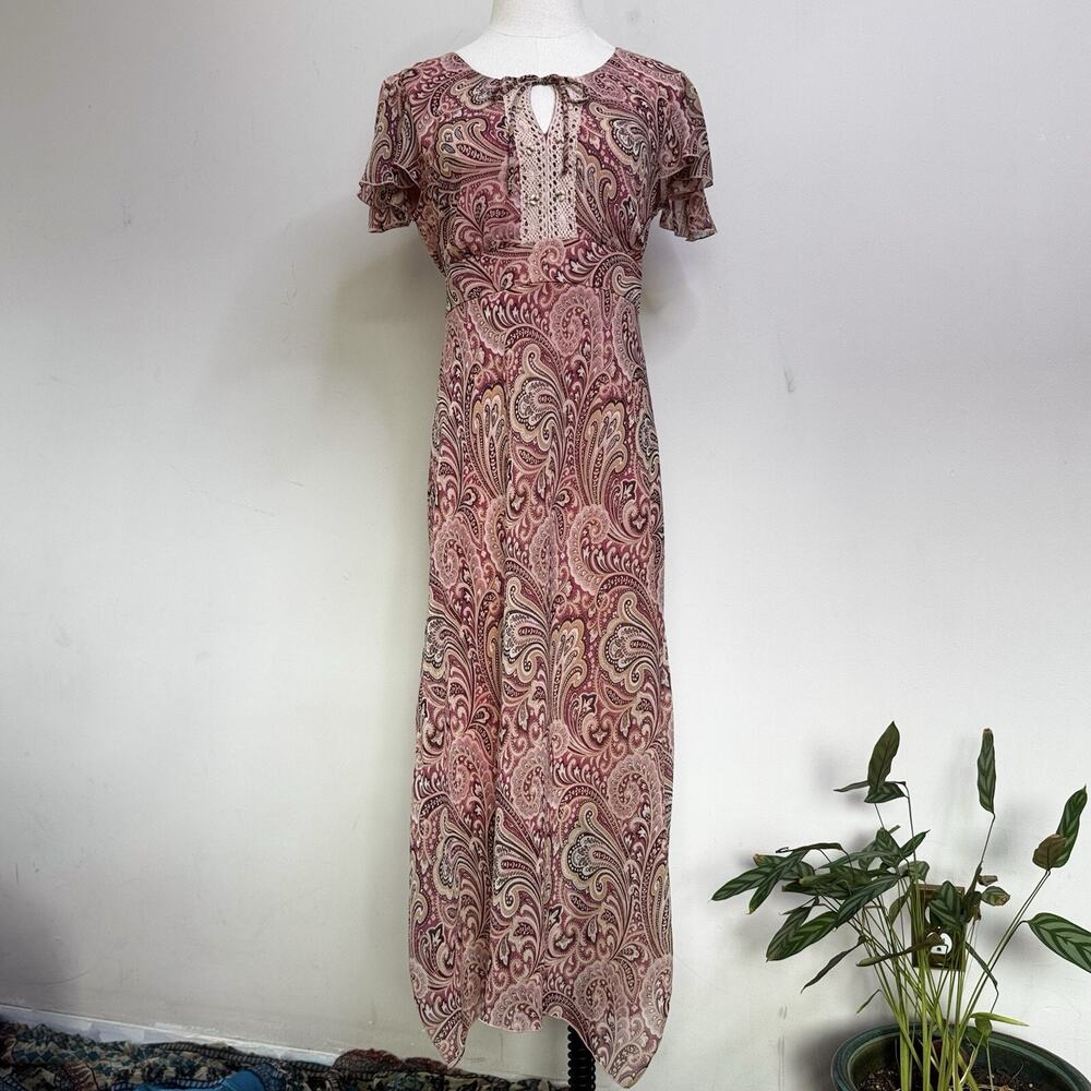 Y2K Paisley Sheer Maxi Dress Crochet Tie Front Coquette Fairy Boho 6